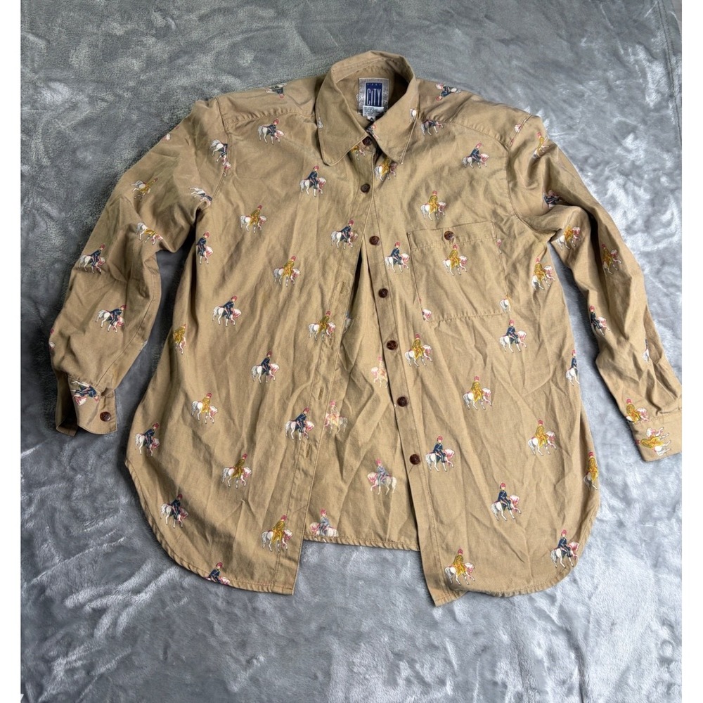 C'est City Women's Button-Up S Tan All-over Equestrian Print